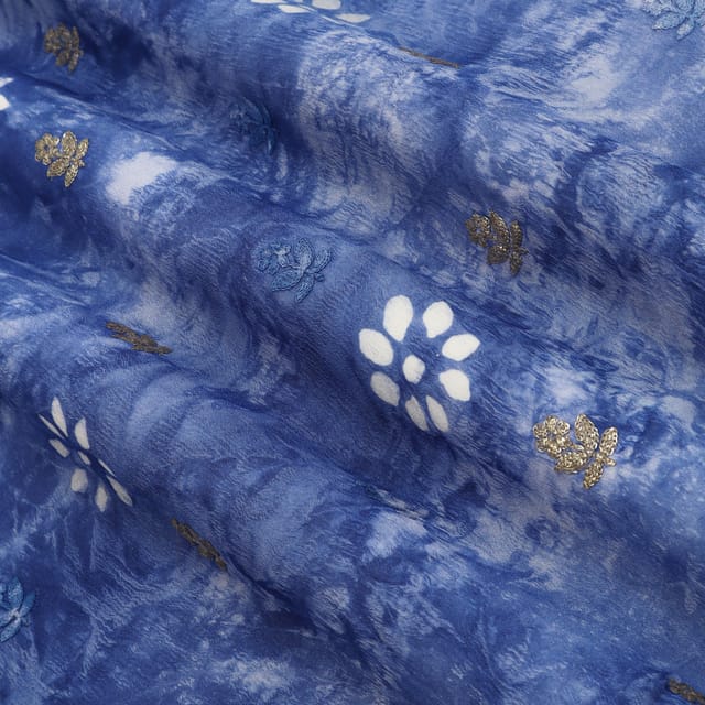 Navy Blue Batik Print Embroidery Chinon Chiffon Fabric