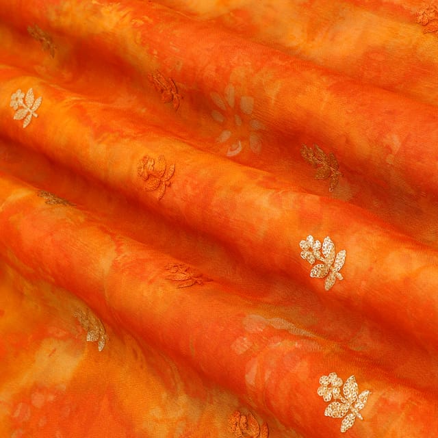 Firey Orange Batik Print Embroidery Chinon Chiffon Fabric