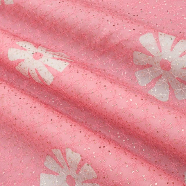 Flamingo Pink Batik Print Embroidery Chinon Chiffon Fabric