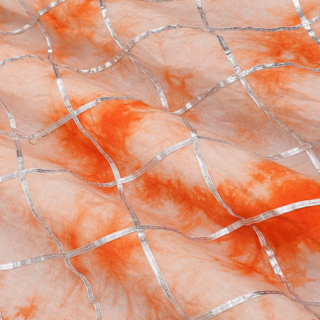 Firey Orange and White Tie-Dye Print Gota Embroidery Mulmul Silk Fabric