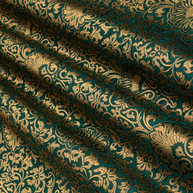 Emerald Green and Gold Satin kimkhab Fabric