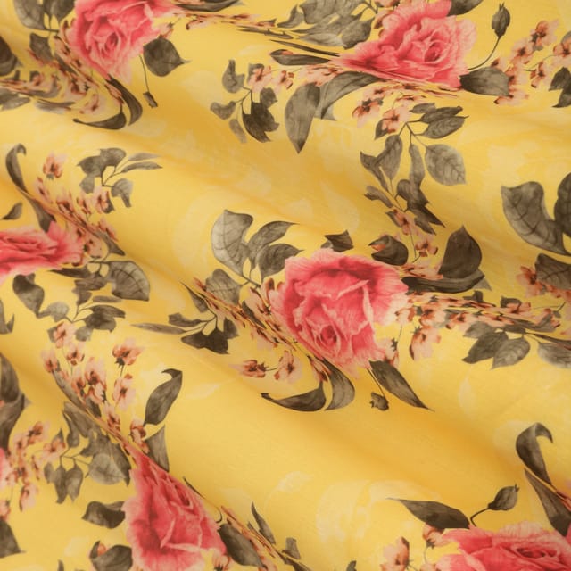 Canary Yellow and Pink Floral Vine Print Lawn Cotton Fabric