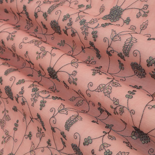 Bubblegum Pink Cotton Chanderi Floral Threadwork Sequin Embroidery Fabric