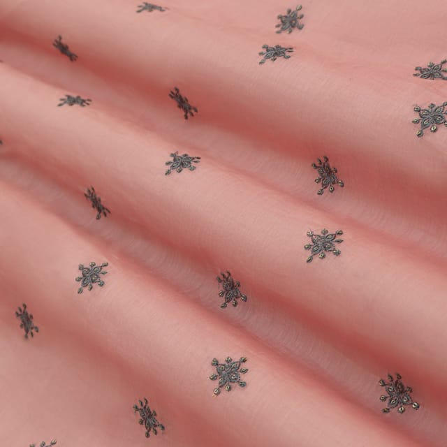 Baby Pink Cotton Chanderi Floral Threadwork Embroidery Fabric