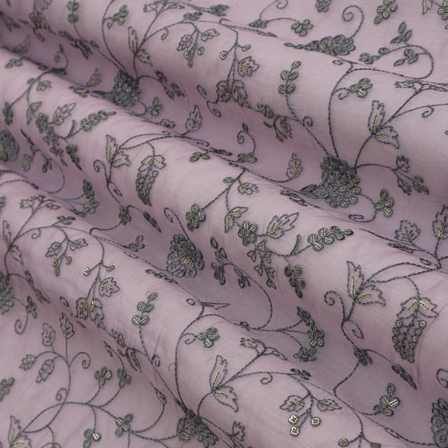 Lilac Cotton Chanderi Floral Threadwork Sequin Embroidery Fabric