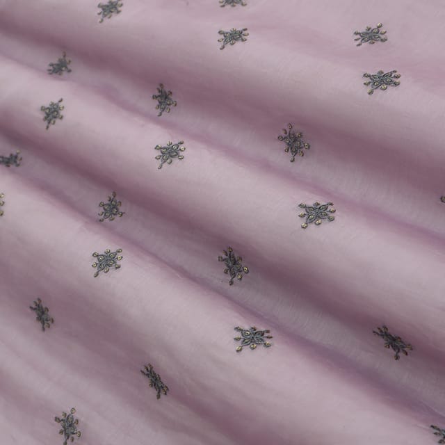 Lavendar Cotton Chanderi Floral Threadwork Embroidery Fabric