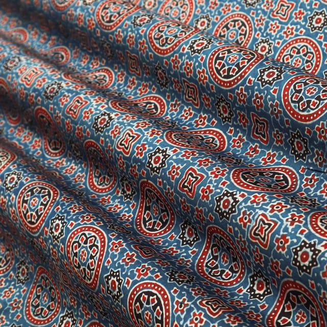 Sapphire Blue and Red Motif Print Satin Silk Fabric