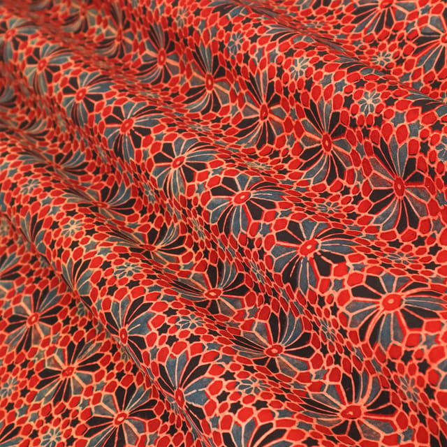 Crimson Red and Blue Motif Print Satin Silk Fabric
