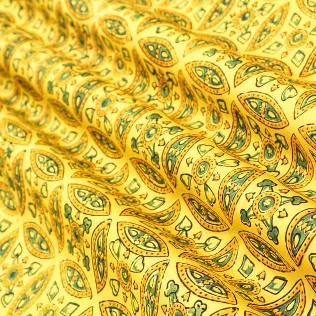 Canary Yellow and Green Motif Print Satin Silk Fabric