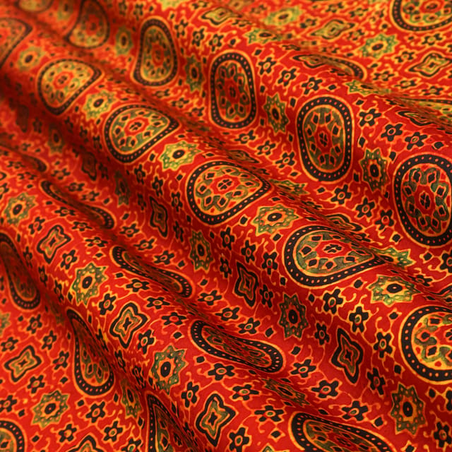 Brick Red and Blue Motif Print Satin Silk Fabric