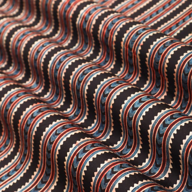Charcoal Black and Blue Stripe Print Satin Silk Fabric