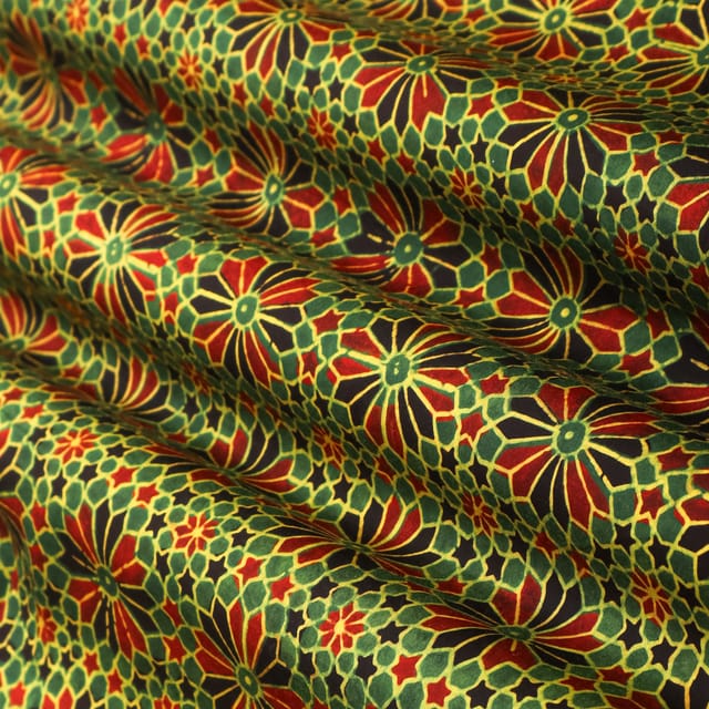 Olive Green and Yellow Motif Print Satin Silk Fabric