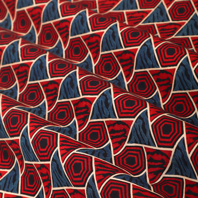 Wine Red and Blue Geometric Print Satin Silk Fabric