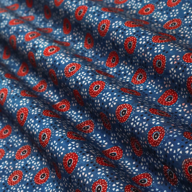Azure Blue and Red Motif Print Satin Silk Fabric