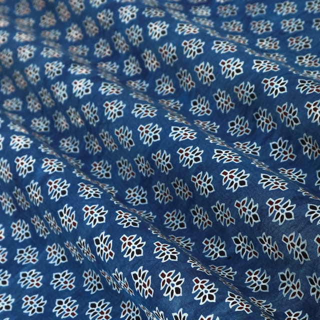 Sapphire Blue and White Motif Print Satin Silk Fabric