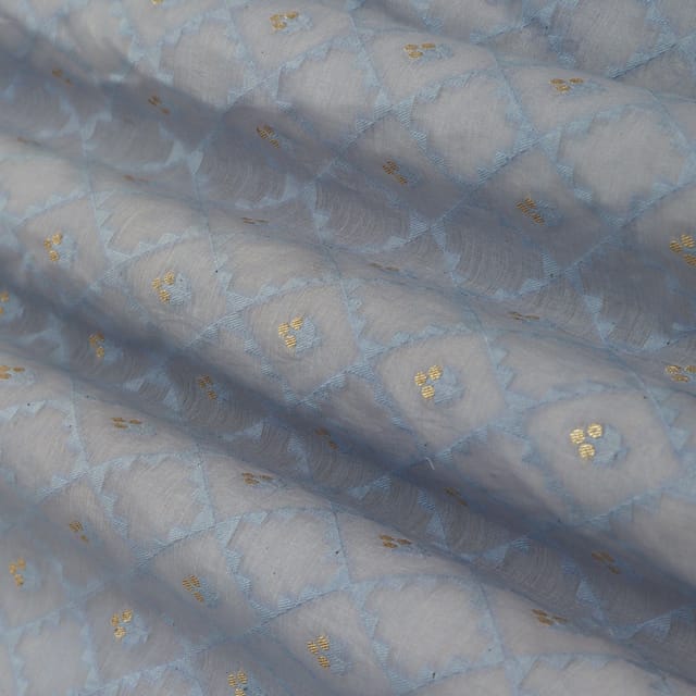 Slate Blue Chanderi Jacquard Golden Booti Fabric