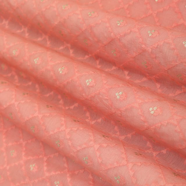 Pink Chanderi Jacquard Dim Golden Booti Fabric