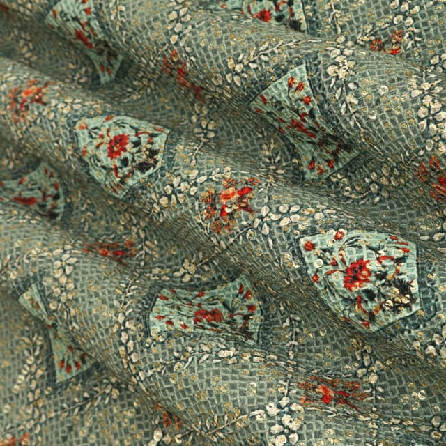 Stone Green Georgette Position Ikat Print Sequin Embroidery Fabric