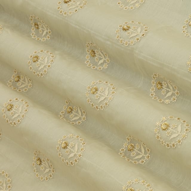 Chiffon White Chanderi Motif Threadwork Sequin Embroidery Fabric