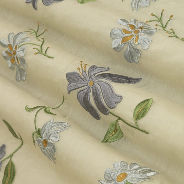 White Cotton Chanderi Slate Blue Floral Threadwork Embroidery Fabric