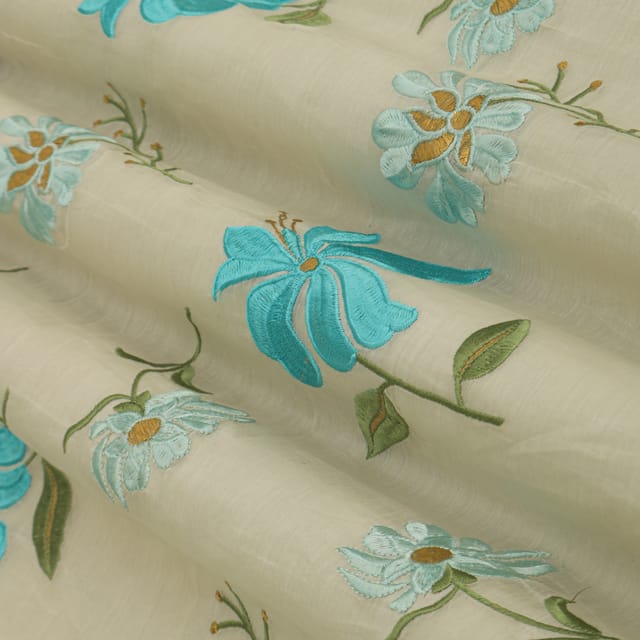 Snow White Cotton Chanderi Blue Floral Threadwork Embroidery Fabric