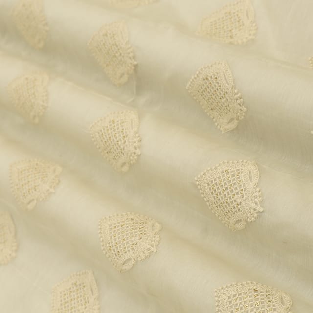 Coconut White ChanderiMotif Threadwork Sequin Embroidery Fabric
