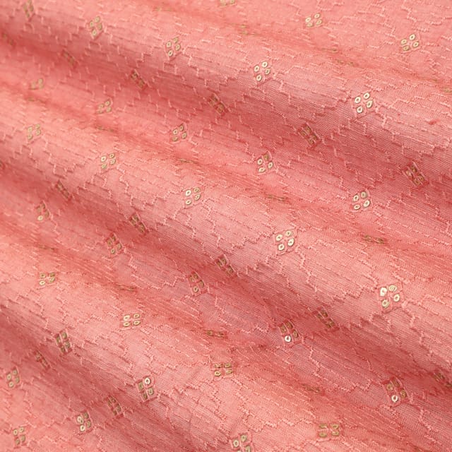 Peach Linen Booti Sequin Embroidery Fabric