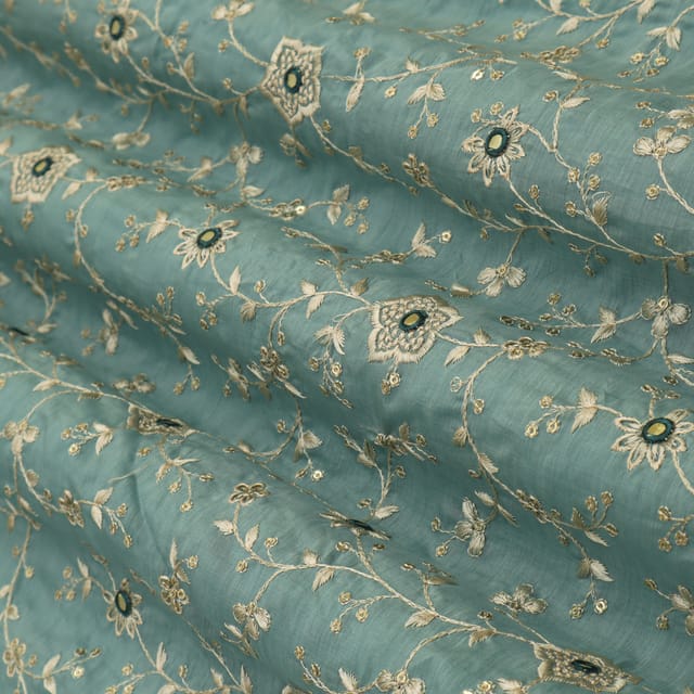 Blue Cotton Silk Threadwork Floral Mirror Sequin Embroidery Fabric