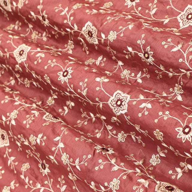 Onion Pink Cotton Silk Threadwork Floral Mirror Sequin Embroidery Fabric