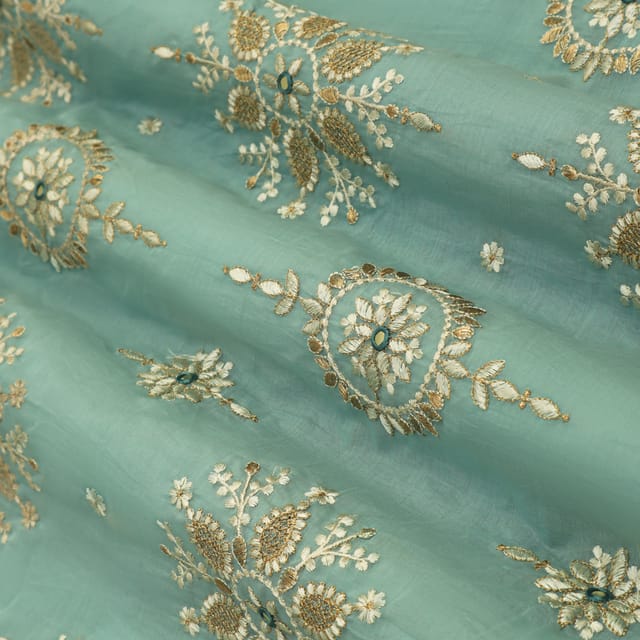 Aqua Blue Cotton Silk Threadwork Floral Mirror Sequin Embroidery Fabric