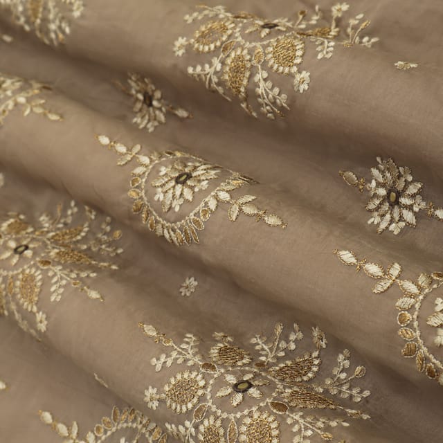Brown Cotton Silk Threadwork Floral Mirror Sequin Embroidery Fabric