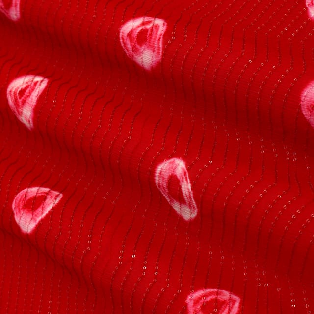 Red Chinon Shibhori Bandhani Pattern Design Sequenece Embroidery Fabric