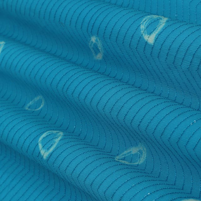 Azure Blue Chinon Shibhori Bandhani Pattern Design Sequenece Embroidery Fabric