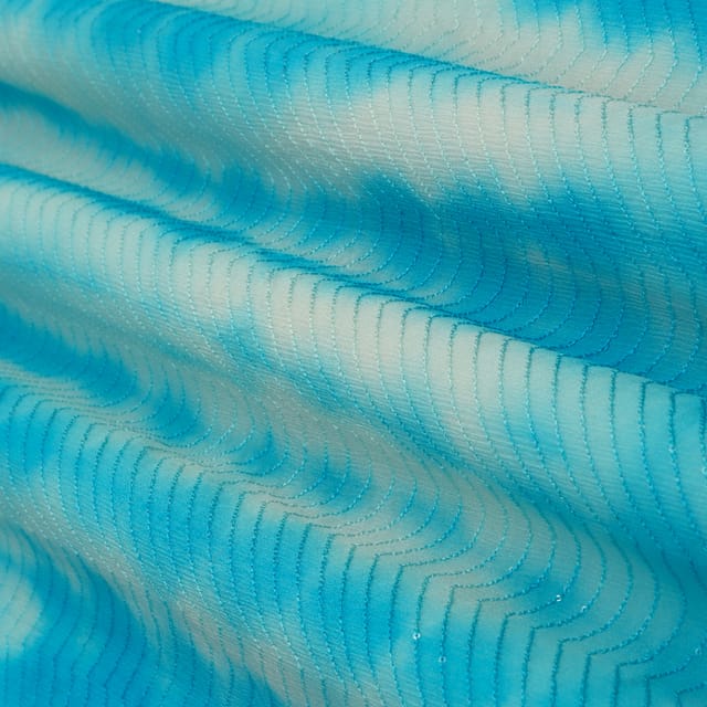 Sky Blue Chinon Shibhori Tie Die Pattern Print Sequenece Embroidery Fabric