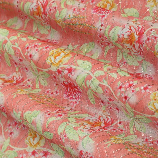 Baby Pink Silk Chinon Floral Print Embroidery Fabric