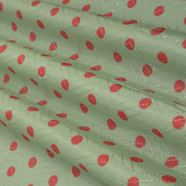 Mint Green Silk Chinon Polka Dot Print Embroidery Fabric