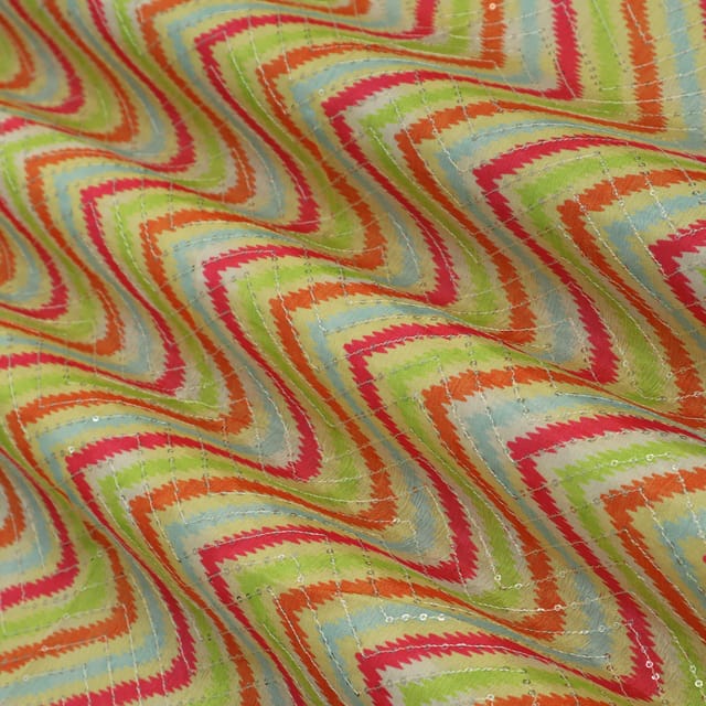 Pink & Blue Silk Chinon Zigzak Stripe Print Embroidery Fabric