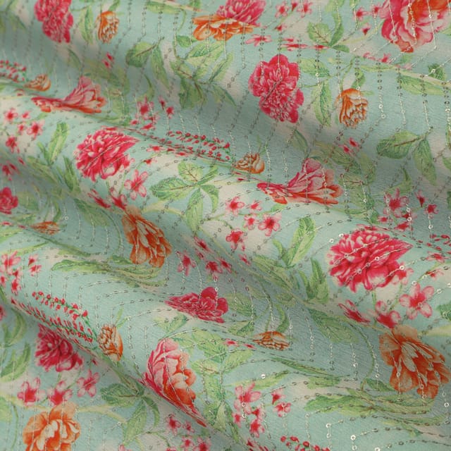 Aqua Blue Silk Chinon Floral Print Embroidery Fabric