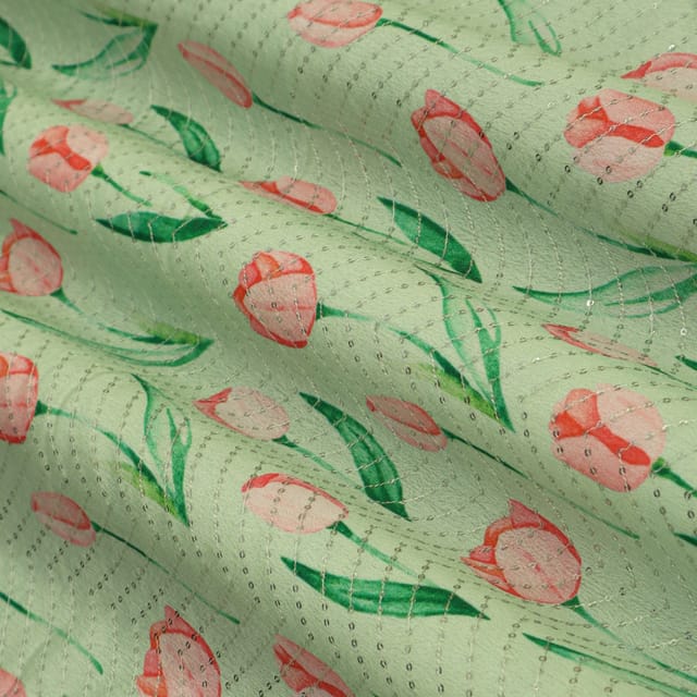 Pastel Green Silk Chinon Floral Print Embroidery Fabric