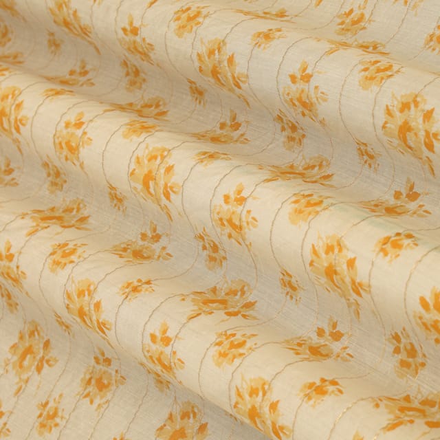 Chiffon White Chanderi Lurex Dim Yellow Floral print Fabric