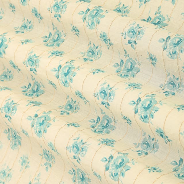Pure White Chanderi Lurex Baby Blue Floral print Fabric