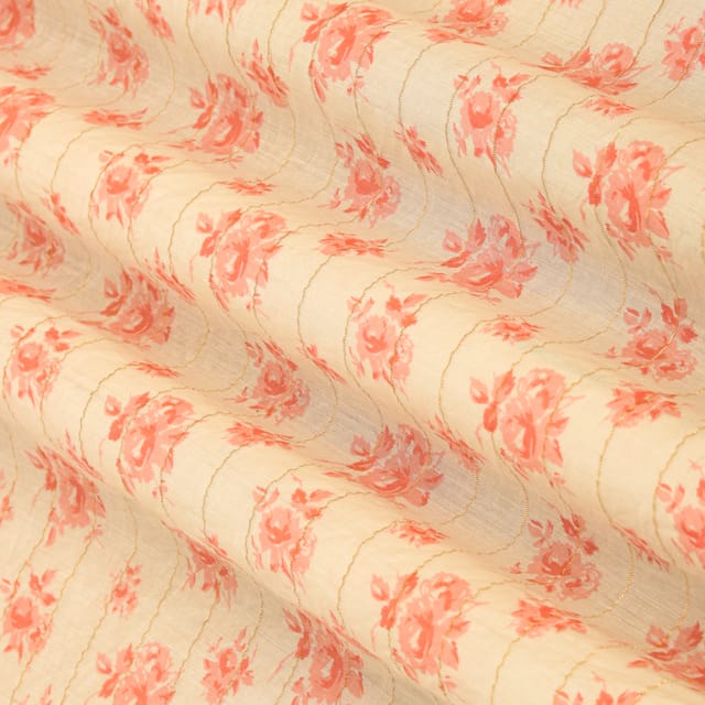 White Chanderi Lurex Baby Pink Floral print Fabric