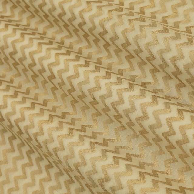 Ecru Chanderi Golden Zari Zigzak Stripe Pattern Brocade Fabric