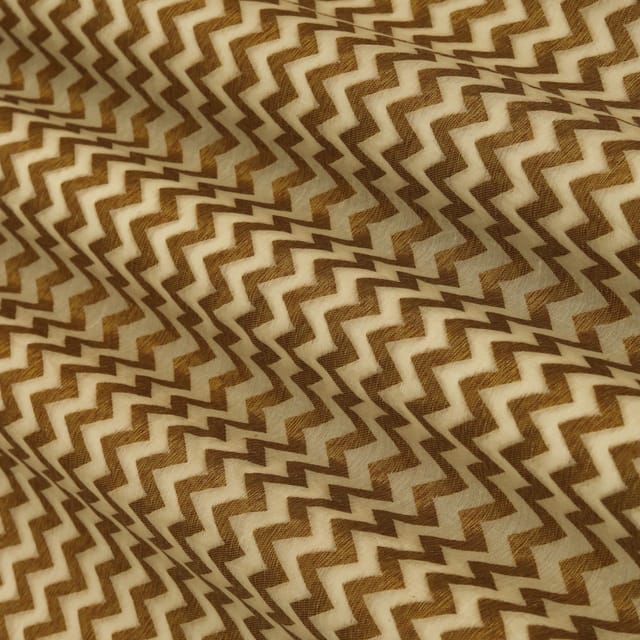 Calico White Chanderi Golden Brown Zari Zigzak Stripe Pattern Work Brocade Fabric