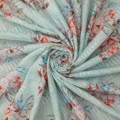Baby Blue Cotton Floral Print Self Embroidery Fabric