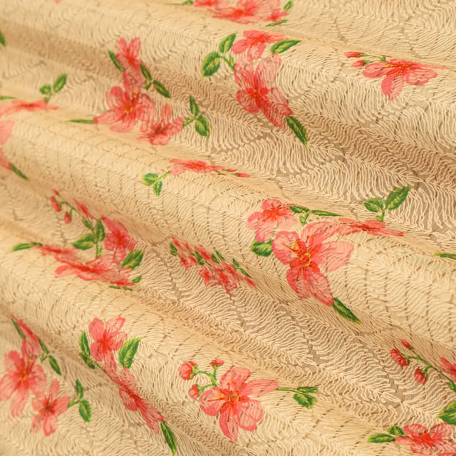 Blush Pink Kota Floral Print Threadwork Embroidery Fabric