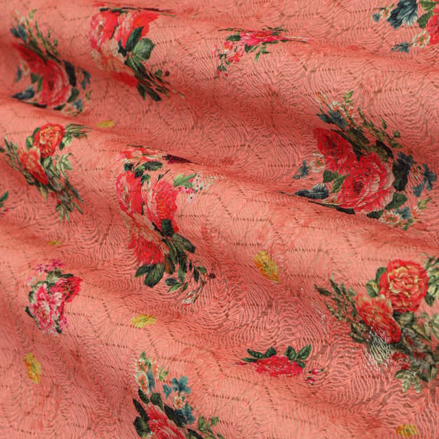 Pink Kota Floral Print Threadwork Embroidery Fabric