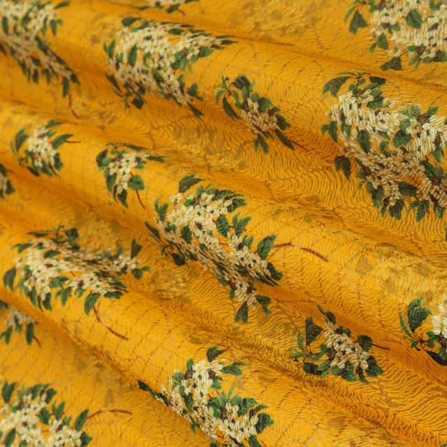 Bright Yellow Kota Floral Print Threadwork Embroidery Fabric