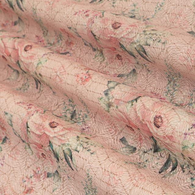 Powder Pink Kota Floral Print Threadwork Embroidery Fabric