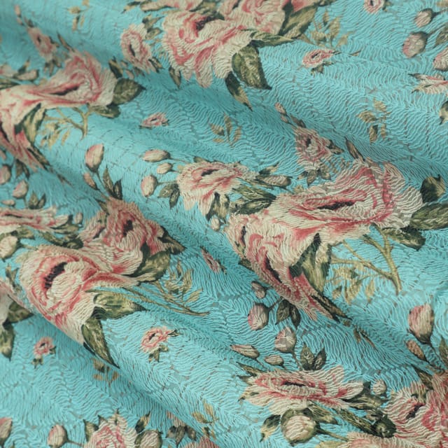 Sky Blue Kota Floral Print Threadwork Embroidery Fabric